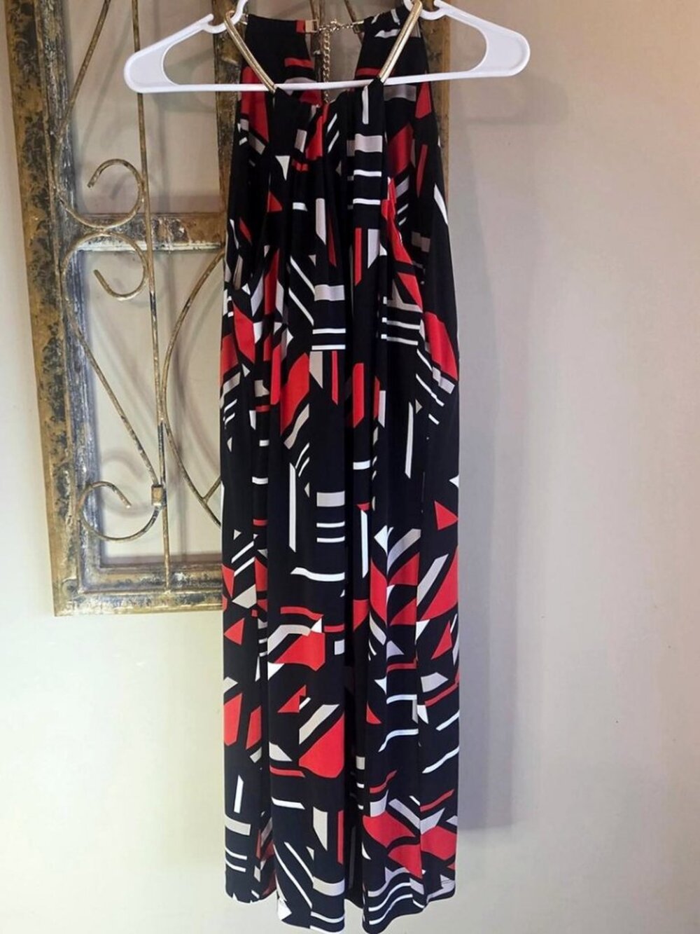 Calvin Klein Halter Maxi Dress Black Red White Abstract Print Gold Chain Size 8